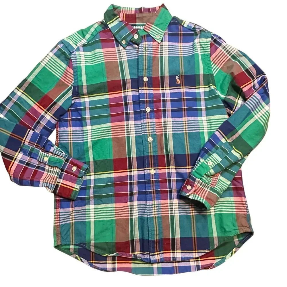 Polo Ralph Lauren Boy's Button-Down Long Sleeve Oxford Plaid Green M (10-12)